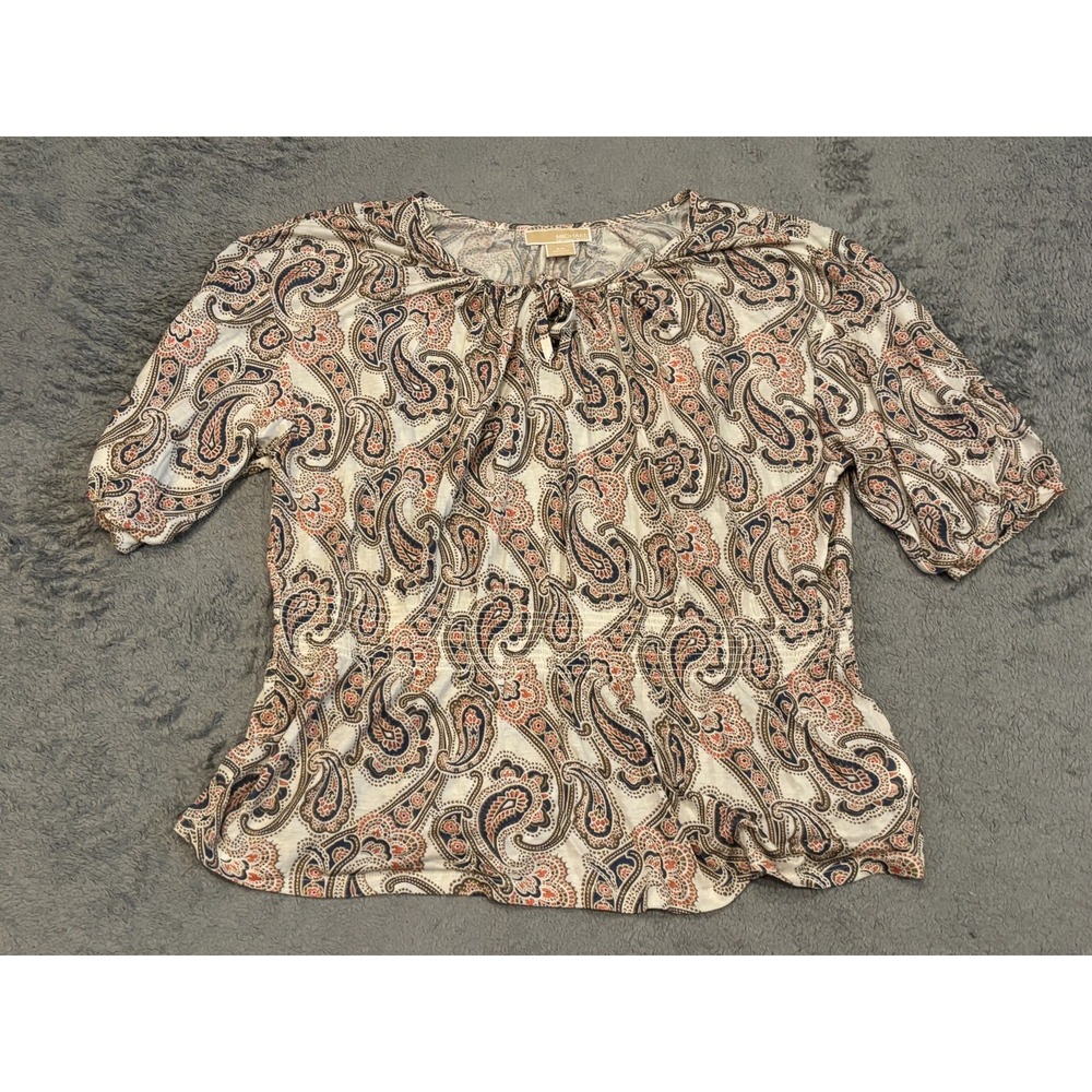 Michael Kors Blouse Womens 2X Beige Paisley 3/4 Sleeve Peplum Peasant Boho Top